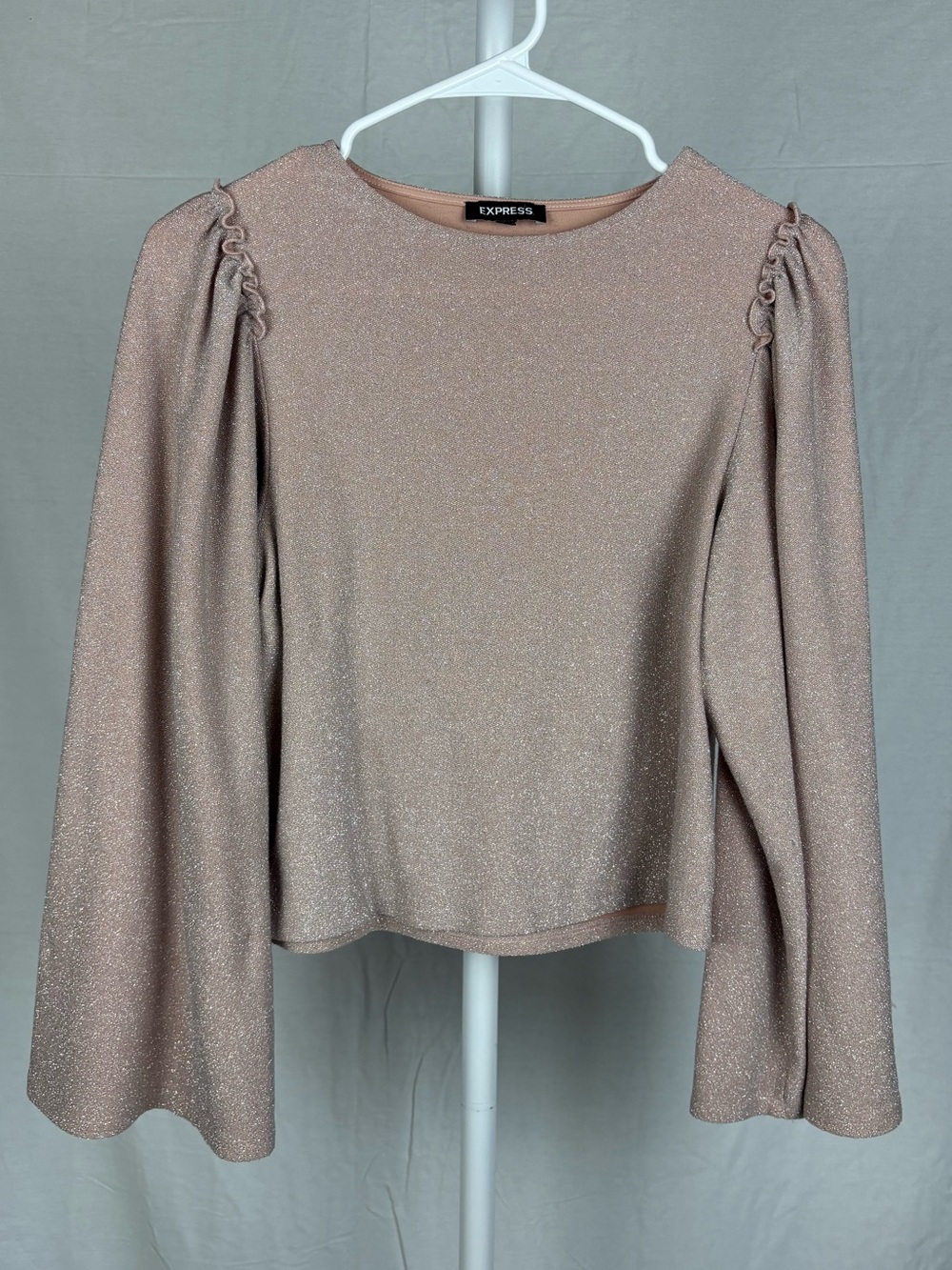 Express Metallic Blush Puff-Sleeve Long Sleeve Top